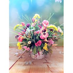 Summer faux flower arrangement, Silk floral centerpiece, Wildflowers table arrangement, Pink and yellow floral decor