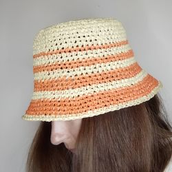 Crochet bucket hat for women  Sun bucket hat handknit Raffia bucket hat natural Fishermen gift