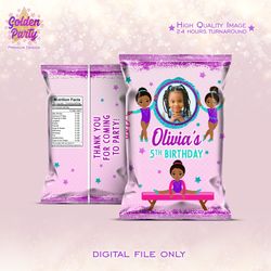 African-american gymnastic chips bag, Pink gymnastic candy bag, Gymnastic birthday party, Gymnastic event