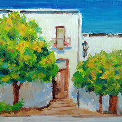 Santorini Painting Greece Original Art Tree Artwork Small Wall Art 6x6 by Sonnegold