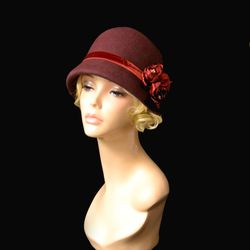 burgundy cloche hat, 1920s style hat, winter hat, felt hat