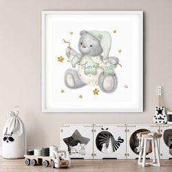 watercolor teddy bear in menthol wear with  lettering i love you ang glitter stars
