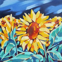 Sunflower Painting Floral Original Art Landscape Artwork Farmhouse Wall Art Oil Canvas 12 by 12 in