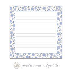 Blue flowers on white, printable notes template, reminders, to-do lists, shopping lists, digital file, ruled