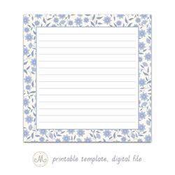 blue flowers on white, printable notes template, reminders, to-do lists, shopping lists, digital file, ruled