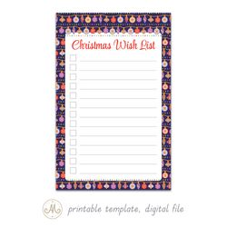 Christmas garlands from bright multicolored balls, printable Christmas wish list template, digital file