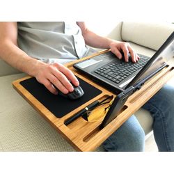 Lap desk Oak wood laptop stand Gift from daughter wife Mobile workstation Portable wooden computer tray with mousepad
