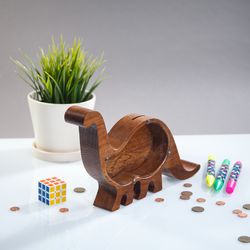 Dinosaur wood piggy bank Vacation adventure fund savings Clear coin bank Kids dino money safe decor Baby boy girl gift