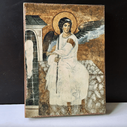 The White Angel of the  Holy Tomb | Quality Icon print mounted on flat wooden plank | Size: 7" x 5"