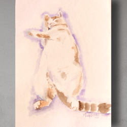 Cat painting original watercolor art pet portrait slipping cat Wight cat painting