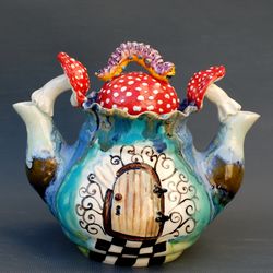 Two spout art teapot Alice Wonderland Double teapot Mushrooms Fairytale door Caterpillar Rabbit ears Whimsical sculpture