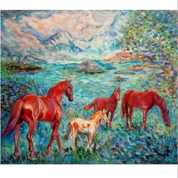 Oil painting landscape "Family with a small foal" 60 by 80 cm (23.6220 by 31.4961 inches)