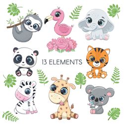 Cute Baby Animals PNG, JPG, 300 DPI, elephant, panda, giraffe, sloth, flamingo, koala, tiger, zebra. Digital Download.