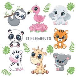 cute baby animals png, jpg, 300 dpi, elephant, panda, giraffe, sloth, flamingo, koala, tiger, zebra. digital download.