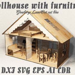Dollhouse with furniture vector model for laser cut cnc plan, 3, 4, 6.4(1/4") mm, DXF CDR ai eps svg vector files, glowf