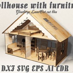 dollhouse with furniture vector model for laser cut cnc plan, 3, 4, 6.4(1/4") mm, dxf cdr ai eps svg vector files, glowf