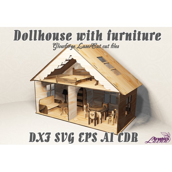 Dollhouse with furniture vector model for laser cut cnc plan