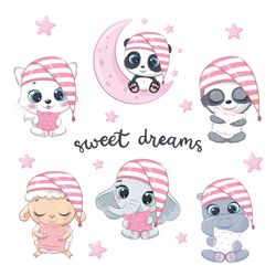 Set of cute sleep baby animals, PNG, EPS, JPG, 300 DPI