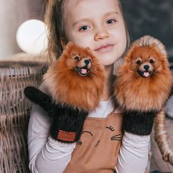Pomeranian mittens for women and kids. Pet memorial gift.