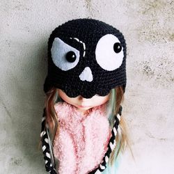Blythe hat crochet black Skeleton with white felt eyes for custom blythe halloween outfit blythe doll clothes