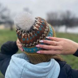 Warm handmade jacquard knitted hat