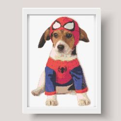 Cross stitch pattern, PDF, Dog dressed as a superhero spider