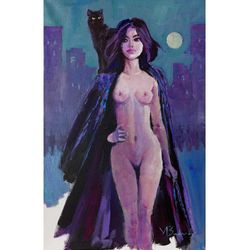 Walk.Erotic picture. A naked girl, a young witch, with a black cat, walks through the night city,