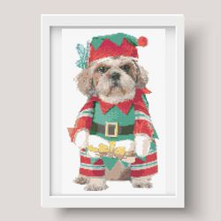 Cross stitch pattern, PDF, Dog dressed as a Christmas gnome