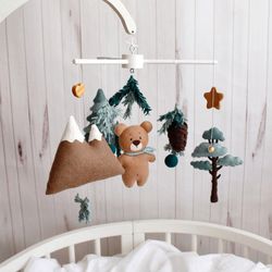 Bear in the forest felt baby crib mobile, Woodland nursery decor, Cot baby mobile, Wild forest animals baby mobile