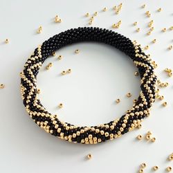 black beaded bracelet, bangle bracelet, bead crochet bracelet, birthday gift for wife