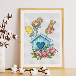 Birdhouse cross stitch pattern PDF, easter cross stitch, spring birdhouse, spring cross stitch