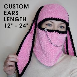 Pink bunny balaclava crochet Fluffy balaclava with ears Pastel goth full face cover handknit Sexy balaclava adults