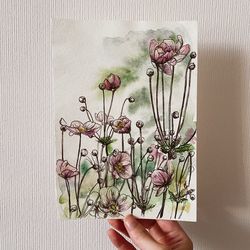Watercolor flowers, original painting on paper, 5"x8"