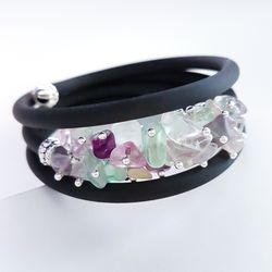 Fluorite, Natural stone bracelet, Rubber, Stiff wire bracelet
