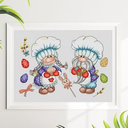 easter gnomes cross stitch pattern pdf, spring cross stitch, spring gnomes, gnome embroidery design.