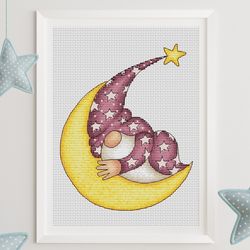 Sleeping gnome cross stitch pattern PDF, star gnome, gnome on the moon, moon cross stitch, nursery cross stitch
