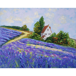 Lavender Painting Cottage Original Art Tuscany Wall Art Landscape Artwork Fields Impasto Oil Painting