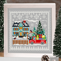 Merry Christmas sampler cross stitch, Primitive cross stitch, Christmas truck, Winter cross stitch, Digital PDF