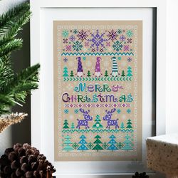 Merry Christmas sampler cross stitch, Christmas gnomes, Christmas deer, Primitive cross stitch, Digital PDF