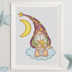 Night gnome cross stitch pattern PDF, moon cross stitch, funny cross stitch, nursery cross stitch