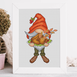 Thanksgiving gnome cross stitch pattern PDF, thanksgiving day, gnome with turkey, fall cross stitch, fall gnome