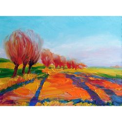 Tree Painting French Countryside Original Art Field Wall Art Small Landscape Artwork 6x8 by Sonnegold