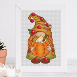 Thanksgiving gnome cross stitch pattern PDF, fall cross stitch, thanksgiving day, pumpkin cross stitch