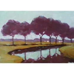 tree painting river original art field wall art small landscape artwork 8x11.5 by sonnegold
