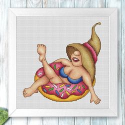 Gnome girl cross stitch pattern PDF, summer gnome, beach gnome, summer cross stitch