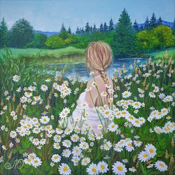 Girl Painting Daisy Original Art Landscape Artwork Wildflower Field Wall Art Impasto Oil Painting Canvas Art