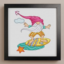 Surfer gnome cross stitch pattern PDF, beach gnome, summer gnome, surfing cross stitch, summer cross stitch