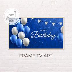 Samsung Frame TV Art | Happy Birthday Art for Frame Tv | Digital Art Frame Tv | Blue and White Balloons Lettering Decor