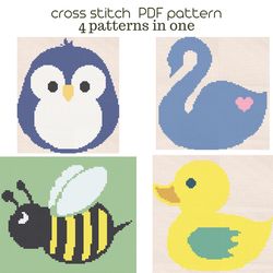 Set cross stitch PDF patterns Bee Penguin Swan Duck /61/