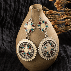 Boho Ethnic Flower Oil Drop Dangle Earrings - Bohemian Multiple Colors Dangle Earrings.